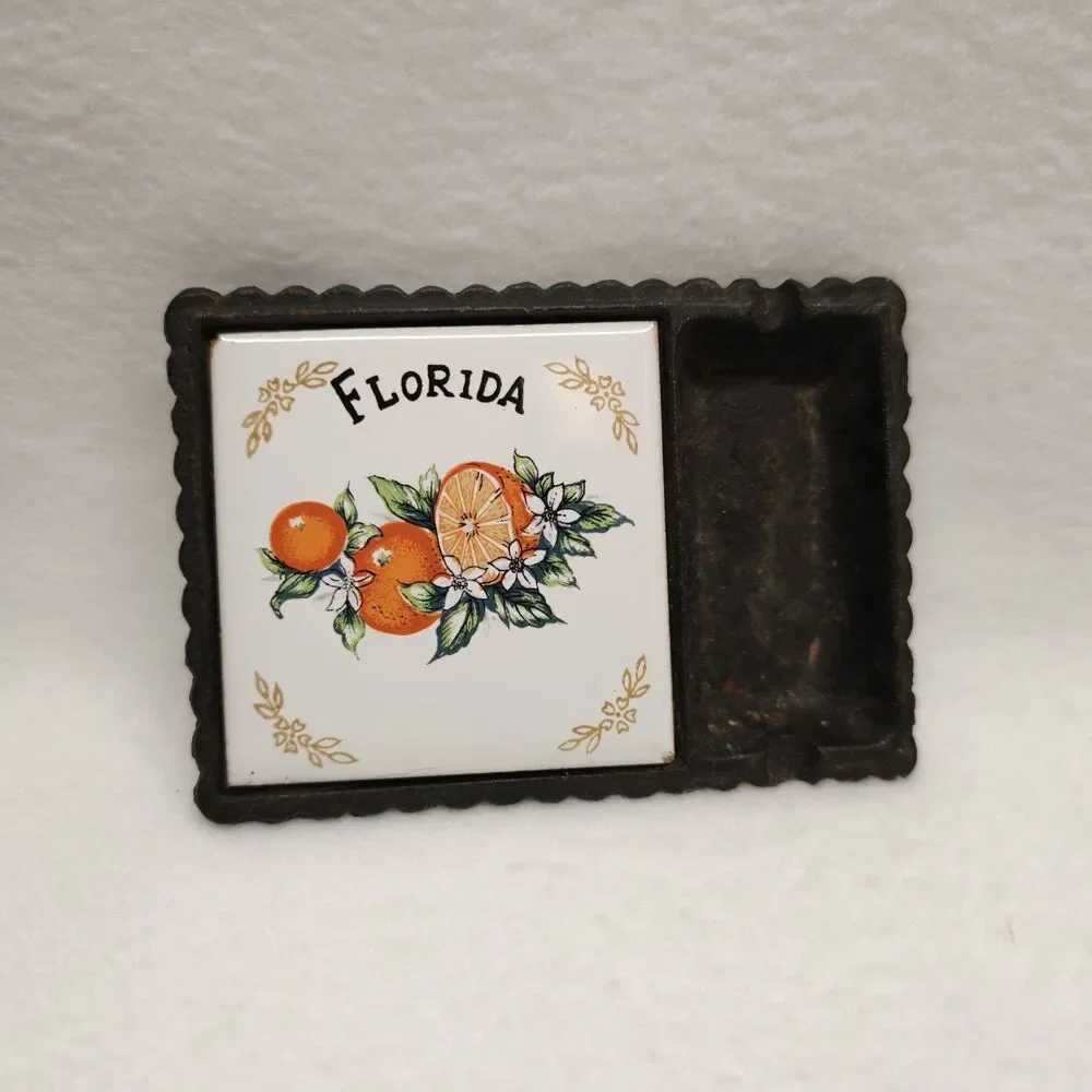 Vintage Florida Cast Iron Trivet Ceramic Tile Orange Souvenir Taiwan Decor Home